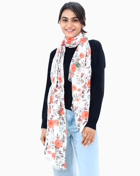 Women Floral Print Stole with Fringes Price in India