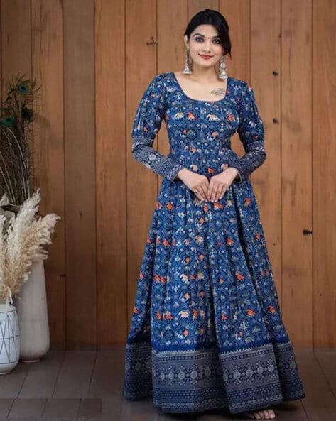 Women Printed Semi-Stitched Anarkali Dress Material Price in India