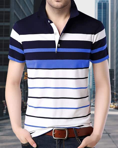 EYEBOGLER Men Striped Regular Fit Polo T-Shirt with Collar Neck
