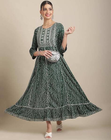 Women Embroidered Flared Kurta with Round Neck