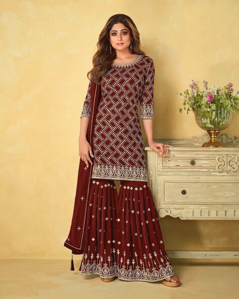 Women Embroidered 3-Piece Semi-Stitched Straight Dress Material Price in India
