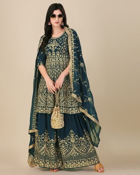 Women Embroidered 3-Piece Semi-Stitched A-Line Dress Material Price in India