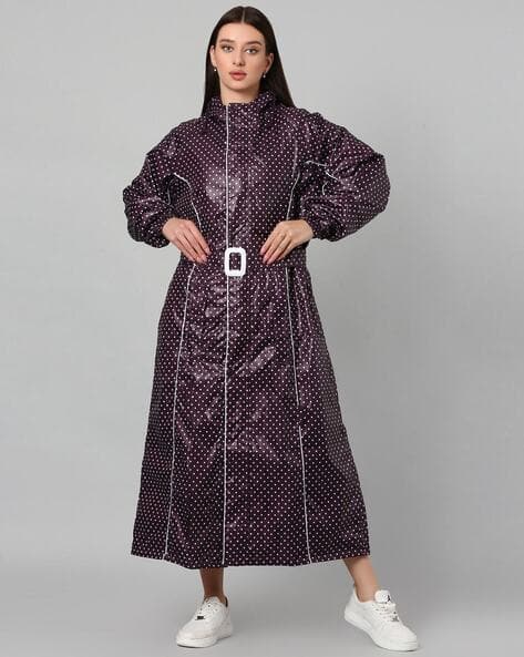 Women Polka-Dot Print Hooded Raincoat with Belt