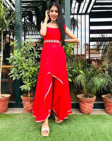 slim fit dress slacks Maroon Ethnic Maxi Gown with Embellished Belt – Indi Ethnics