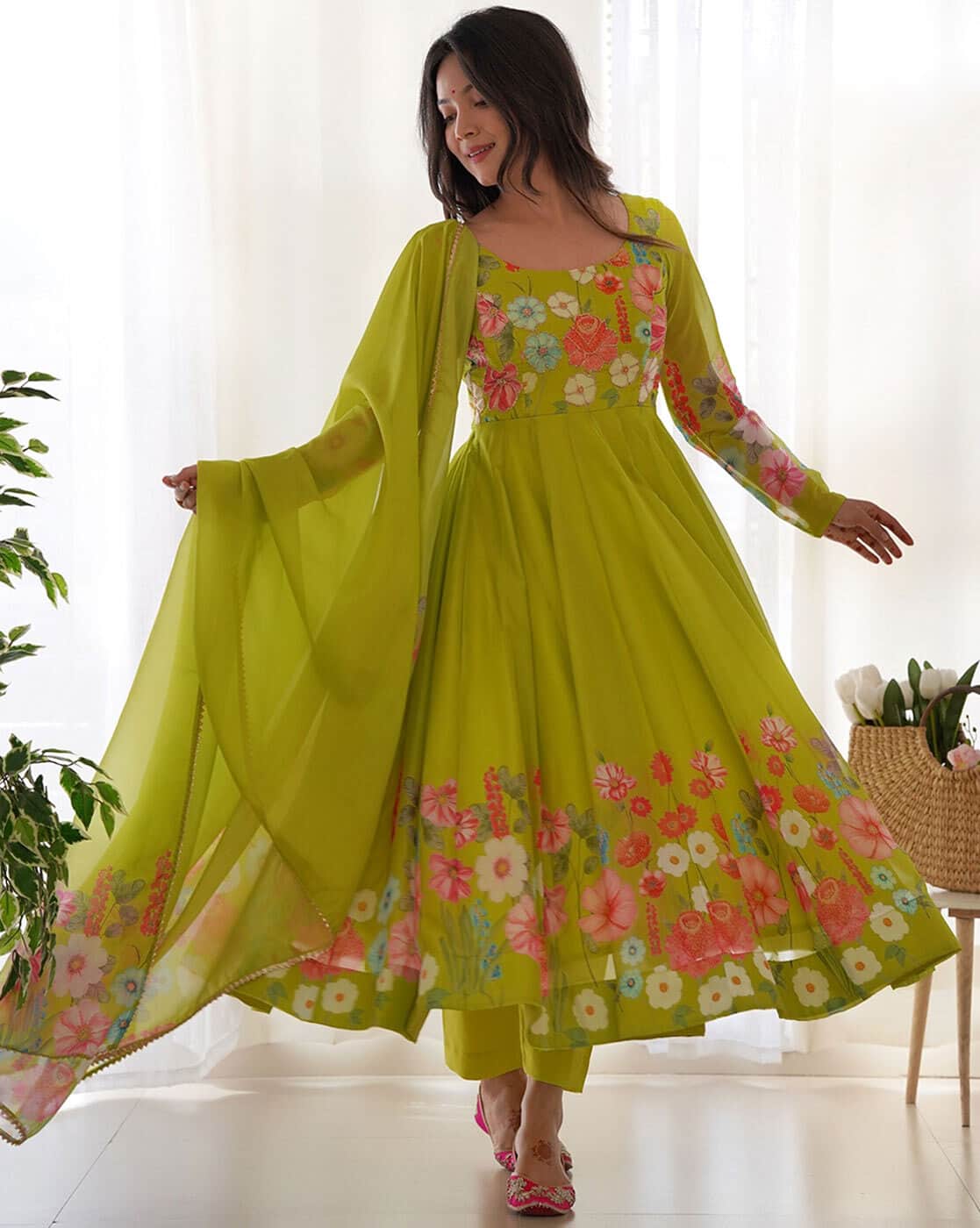 And Pink Combination Dresses Parrot Green Dress For Girls Parrot-Green Gown  Set  Suvanyaa