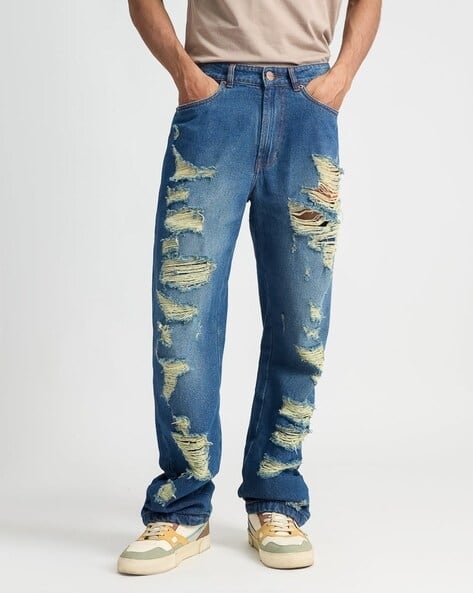 Men Mid-Wash Distressed Straight Fit Jeans