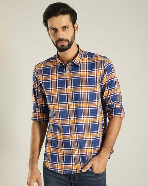 INDIAN TERRAIN Men Checked Pure Cotton Slim Fit Shirt