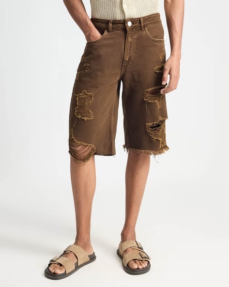 Men Regular Fit Distressed Denim Shorts