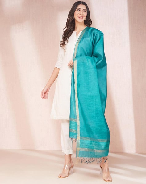 Women Dupatta with Contrast Border & Tassel Accent Price in India