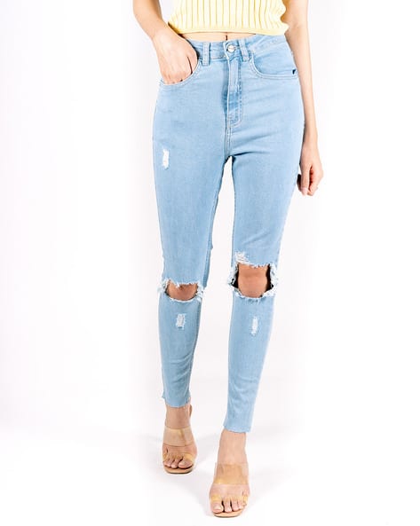 Mid-Wash Distressed Skinny Fit Jeans