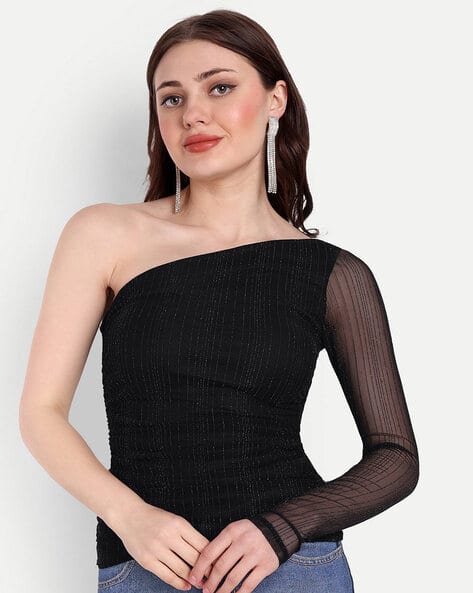 Women Striped Fitted One-Shoulder Top - Main Image