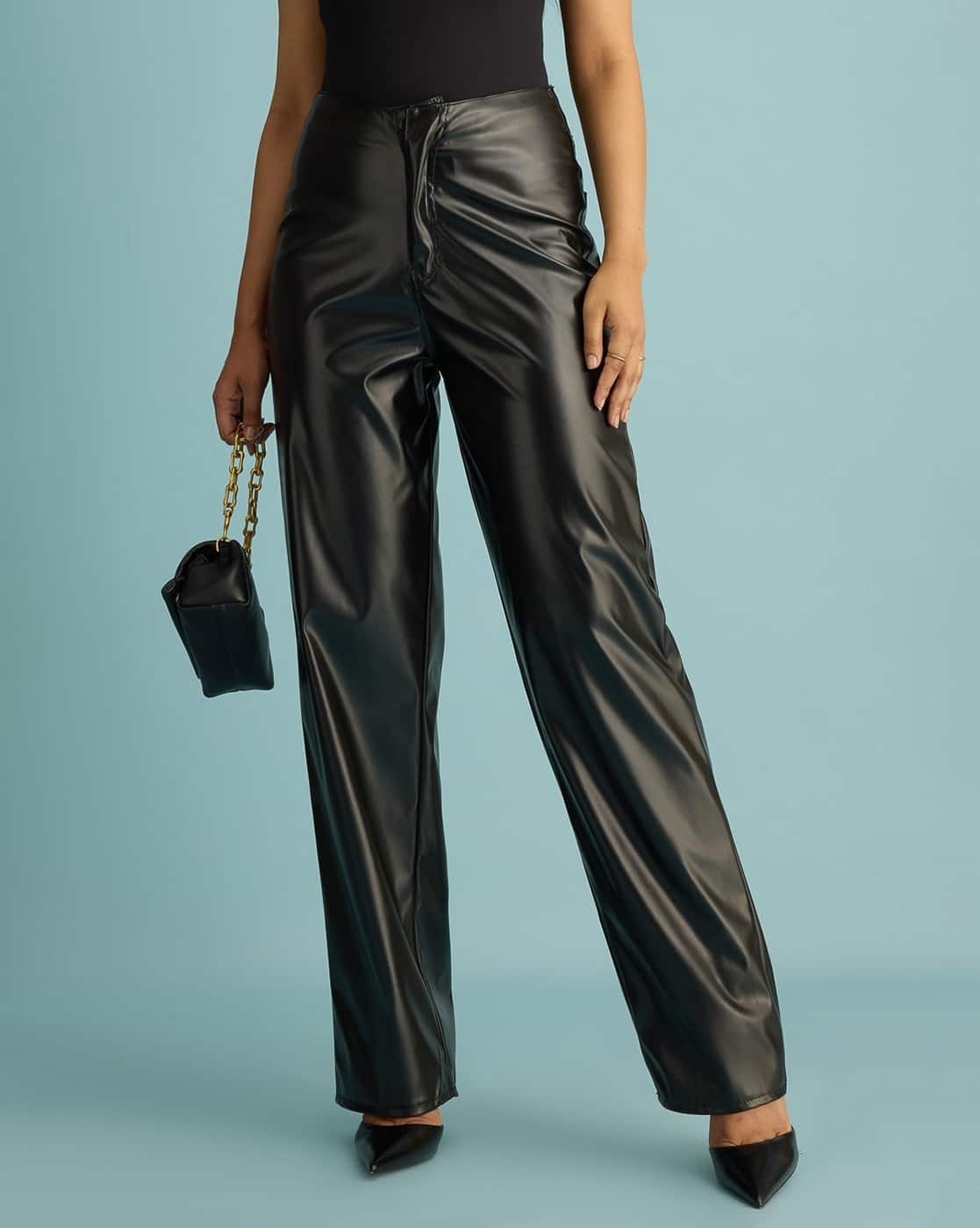 Wide Leg Black Paperbag Leather Trousers Commando Belted Paperbag