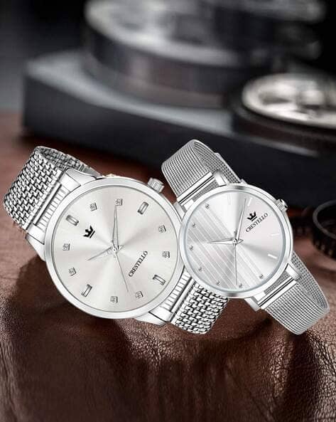 Crestello His & Her Couple Analogue Watch Set-CRCM-001-103-SLV