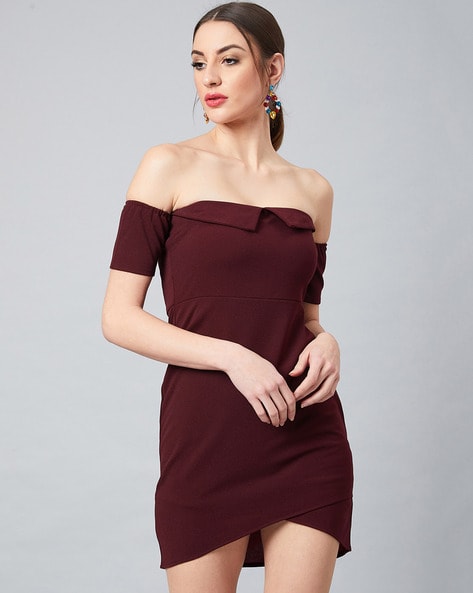 Burgundy off the shoulder bodycon dress hotsell