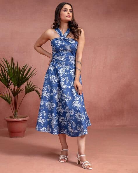 Women Floral Print Halter-Neck Fit Flare Dress