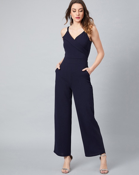 Blue v neck jumpsuit on sale