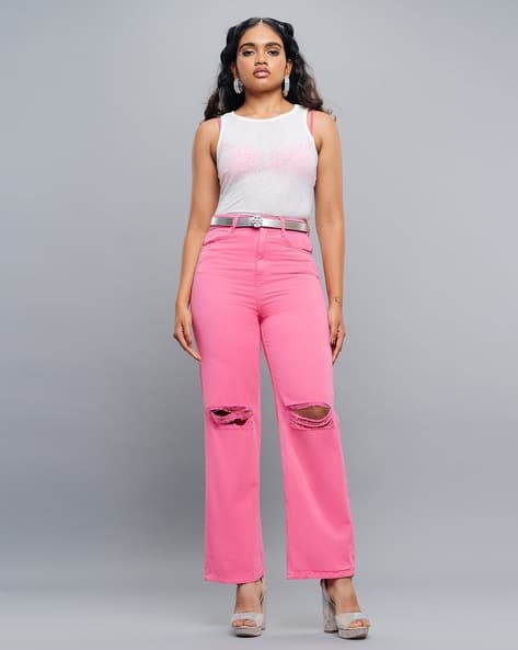 Women Knee Slit Straight Fit Jeans