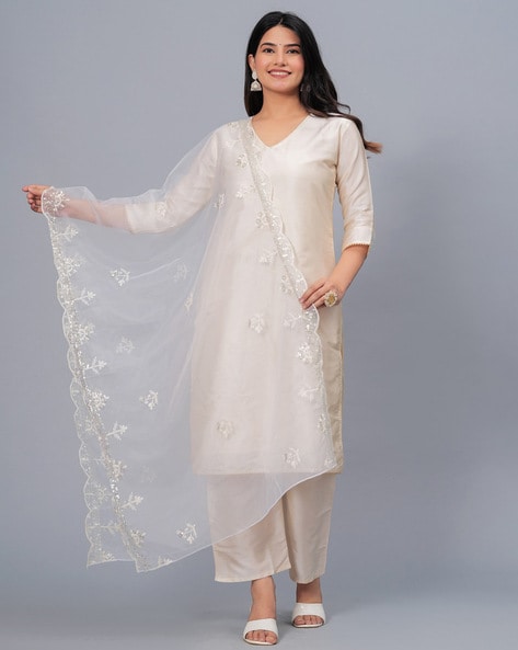 Women Embroidered Dupatta with Scalloped Border Price in India