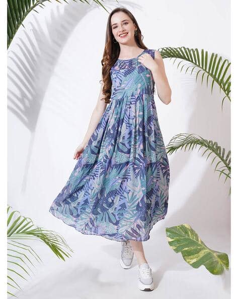 tropical print fit and flare dress Women Pink Tropical Print Fit & Flare Maxi Dress L / Pink