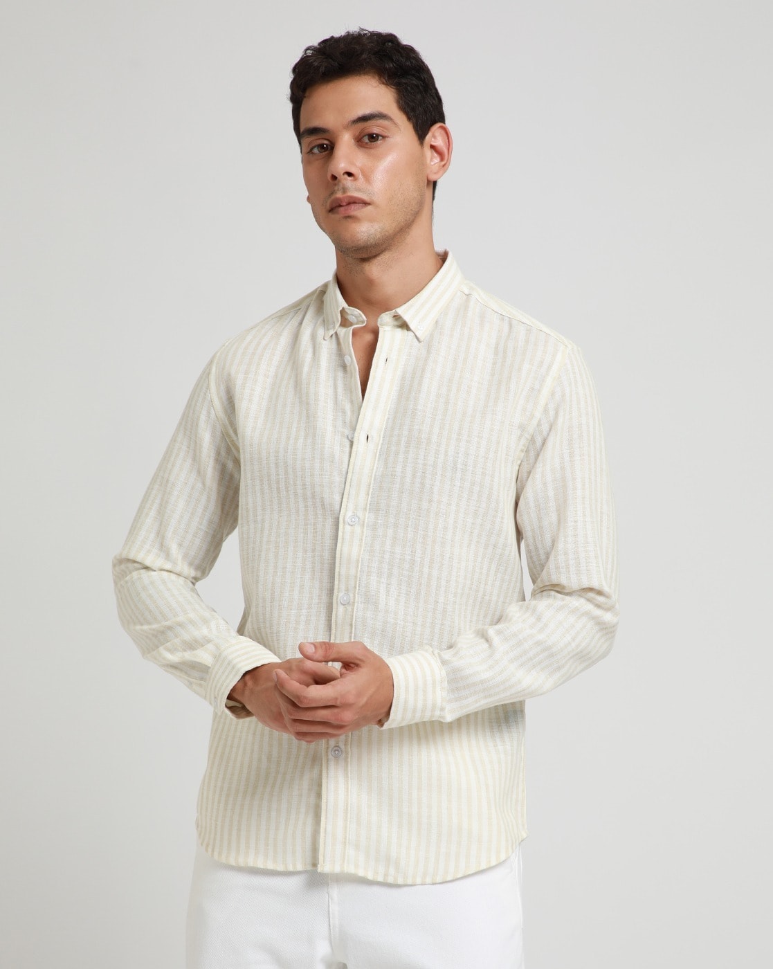 BANANA CLUB Striped Regular Fit Classic Shirt For Men (Cream, XL)