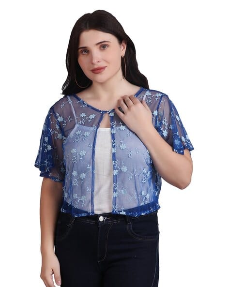 Shrug Jacket Cobalt Blue Shrug Blue Long Floral Printed Sleeveless - Main Image