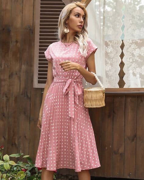 Women Polka-Dot Print Fit Flare Dress with Tie-Up Belt