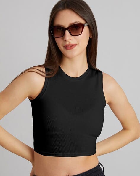 Buy Berrybird Women Ribbed Slim Fit Crop Tank Top Online | Ajio.com