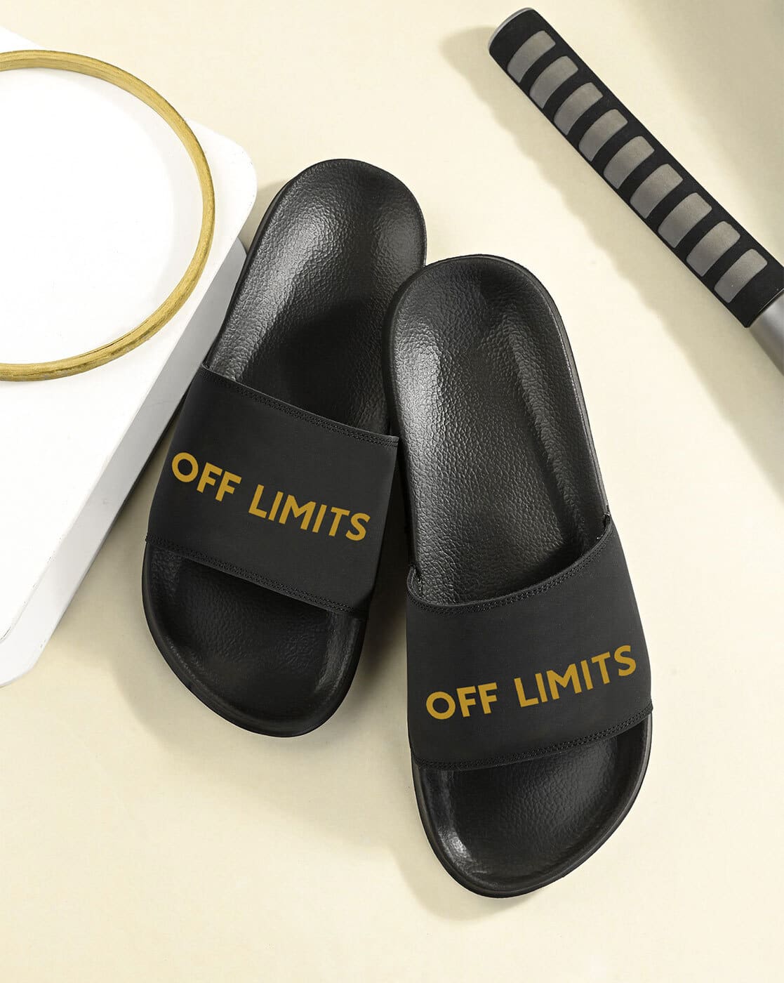 black off white flip flops