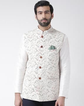 kisah plus Men Leaf Print Regular Fit Nehru Jacket-picture-50