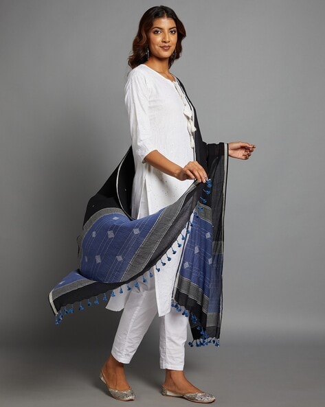 Cotton Handloom Jamdani Dupatta with Pom-Poms Price in India