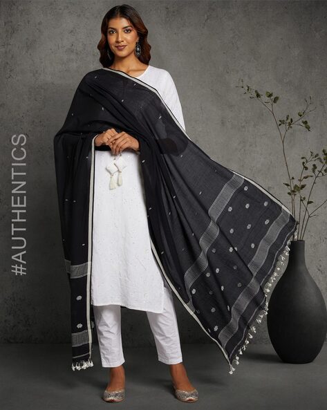 Cotton Handloom Jamdani Dupatta with Pom-Poms Price in India