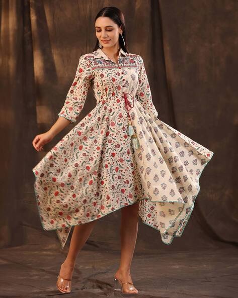 Printed Handkerchief Hem Shirt Dress with Mask