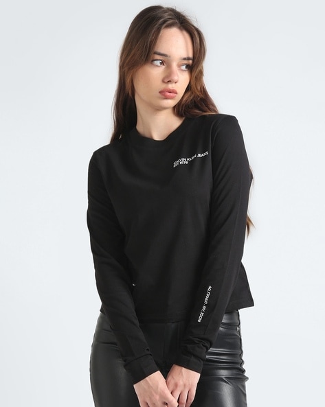 Women Multi Placement Long Sleeve Crew Neck T Shirt