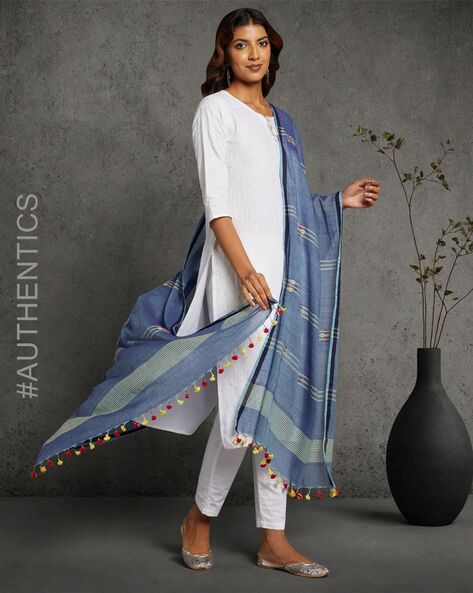 Cotton Handloom Jamdani Dupatta with Pom-Poms Price in India