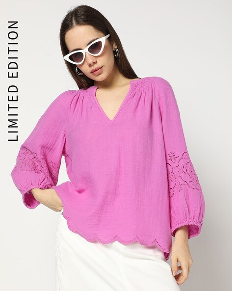 Gauze Solid V -Neck Top with Eyelet Sleeve Detail