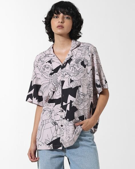 Women Cuban Collar Shirt with Short Sleeves