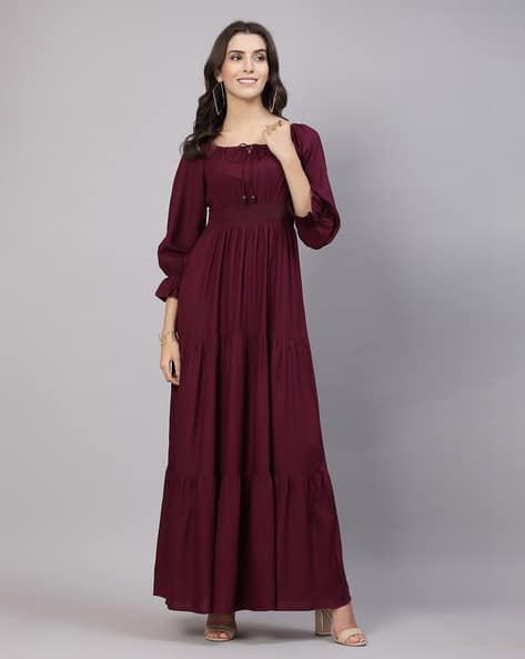 Women Fit Flare Dress with Puff Sleeves