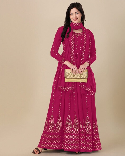 Women 3-Piece Semi-Stitched Anarkali Dress Material Price in India
