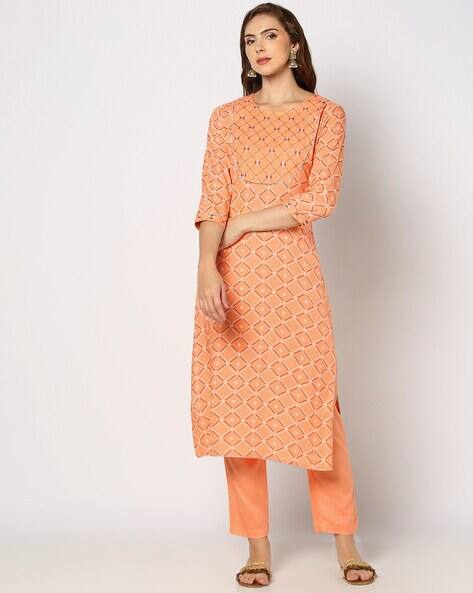 Women Orange Cotton Jacquard Geometric Printed Kurta