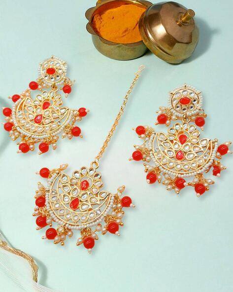 Oomph Gold-Plated Stone-Studded Drop Earrings with Mangtika