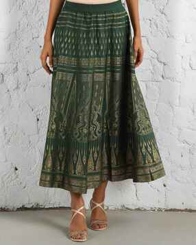 Geometric Print Flared Skirt with Elasticated Waist