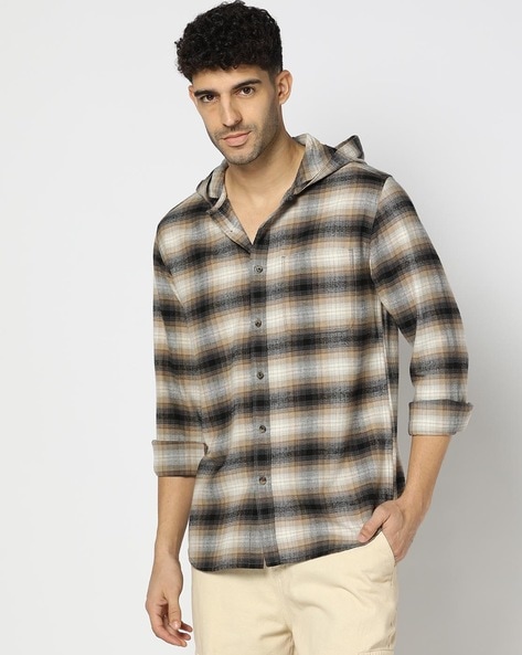 Men Checked Relaxed Fit Hooded Shirt