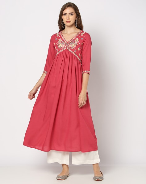 Women Embroidered Flared Kurta