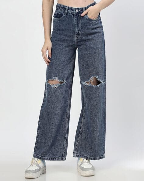 Women Lightly-Distressed Wide Leg Jeans
