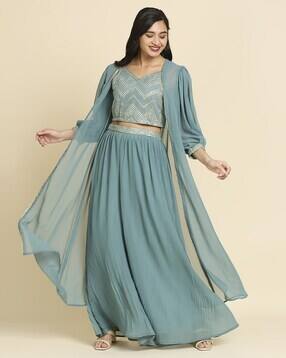 Crushed Fabric Embroidered Skirt & Suit Set