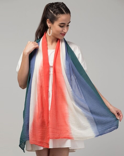 Women Colourblock Scarf with Frayed Hem Price in India