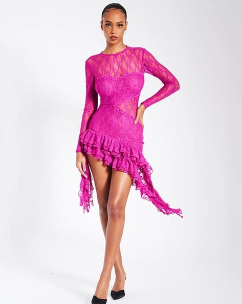 asymmetric hem bodycon dress One Shoulder Ruched Mesh Asymmetrical Hem Bodycon Dress  Parthea Fashion