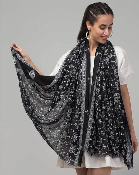 Women Block Print Scarf with Frayed Hem Price in India