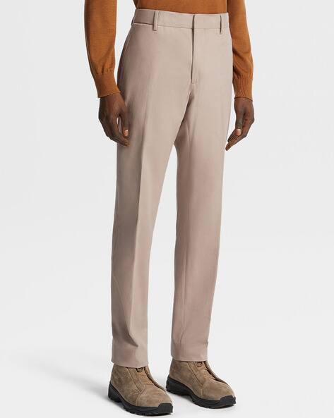 Buy Zegna Winter Chino Cotton Blend Trousers | Taupe Color Men