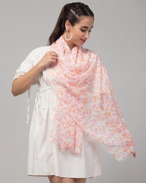 Women Leaf Print Scarf with Frayed Hem Price in India